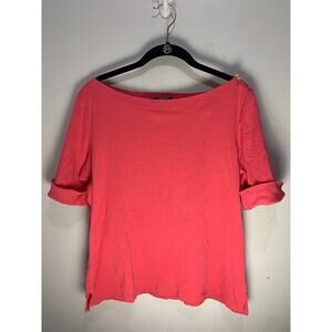Lauren Ralph Lauren Womens Coral T-Shirt With Rolled Sleeves Boat Neckline SZ-XL